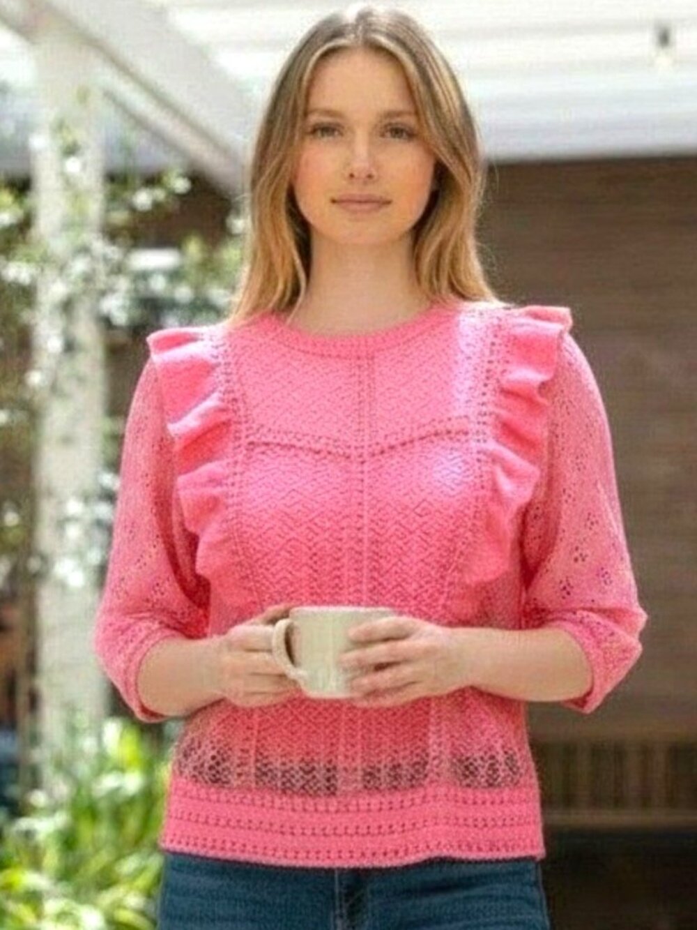 Altar'd State Coral Pink Crochet Lace Ruffle Sleeve Blouse Women's Large NWT